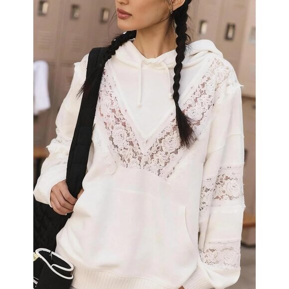 Women's Cotton Lace Eyelet Hoodie Ruffle Long Sleeve Kangaroo Pocket - Picture 4 of 4